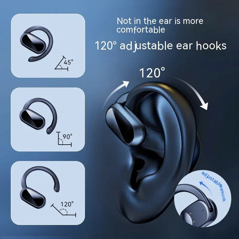 Dual ear-mounted Bluetooth headset with noise reduction and bone conduction, white colour, showing digital display screen and ear hook design