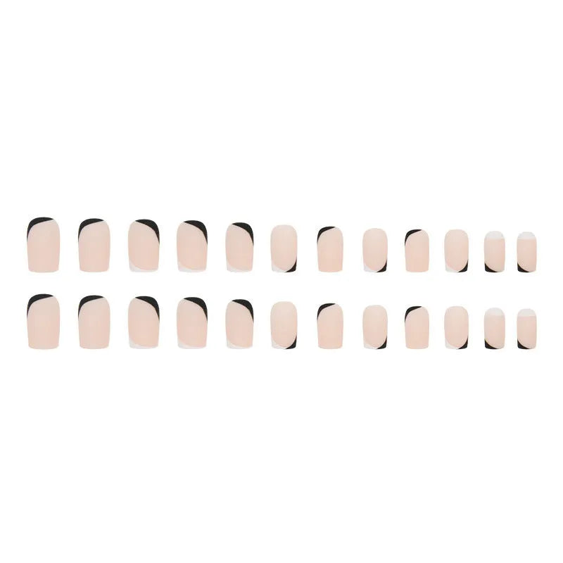 W644 black and white frosted glue false nail set for French manicure style.