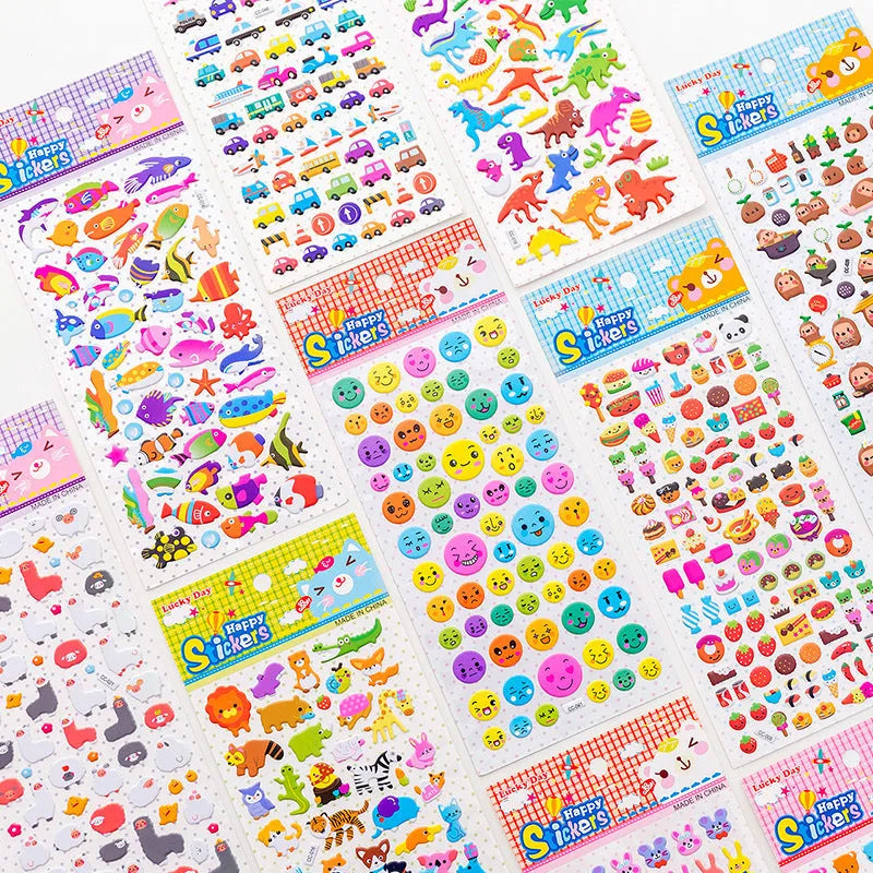 Cartoon three-dimensional bubble stickers sheet showing alpaca, forest animals, and dinosaur designs for hand account decoration
