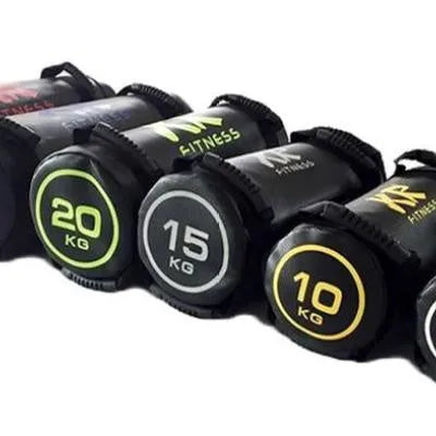 White PVC training sandbag for fitness and weight lifting, shown with weight options from 5KG to 30KG.