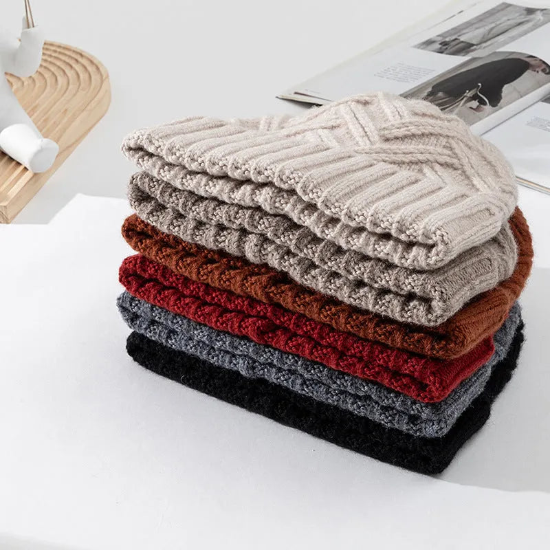 Wool knitted dome crown hat for women in assorted colours including ivory, khaki, red, brown, grey, and black.