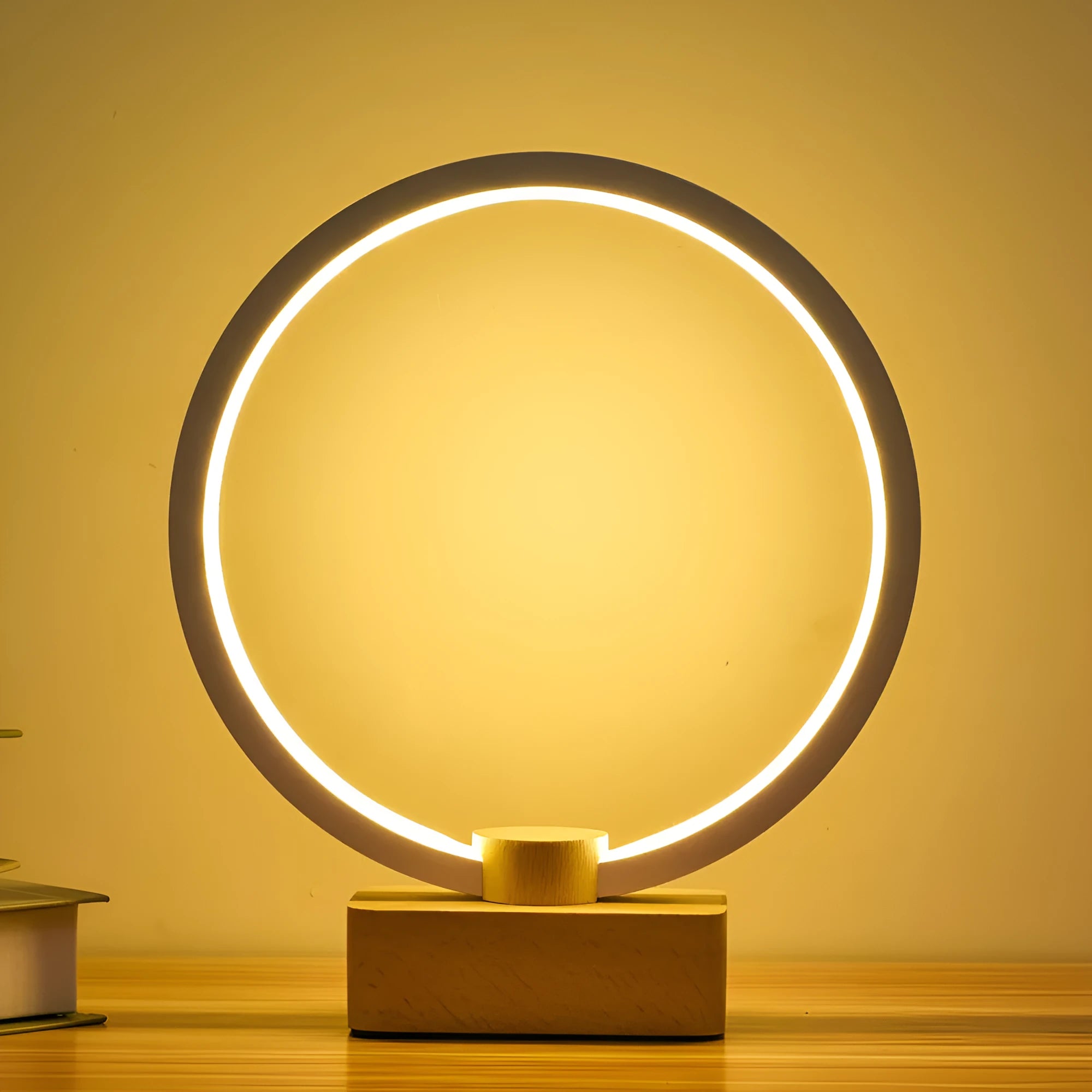 Solid wood smart LED night lamp with bamboo holder and USB cable