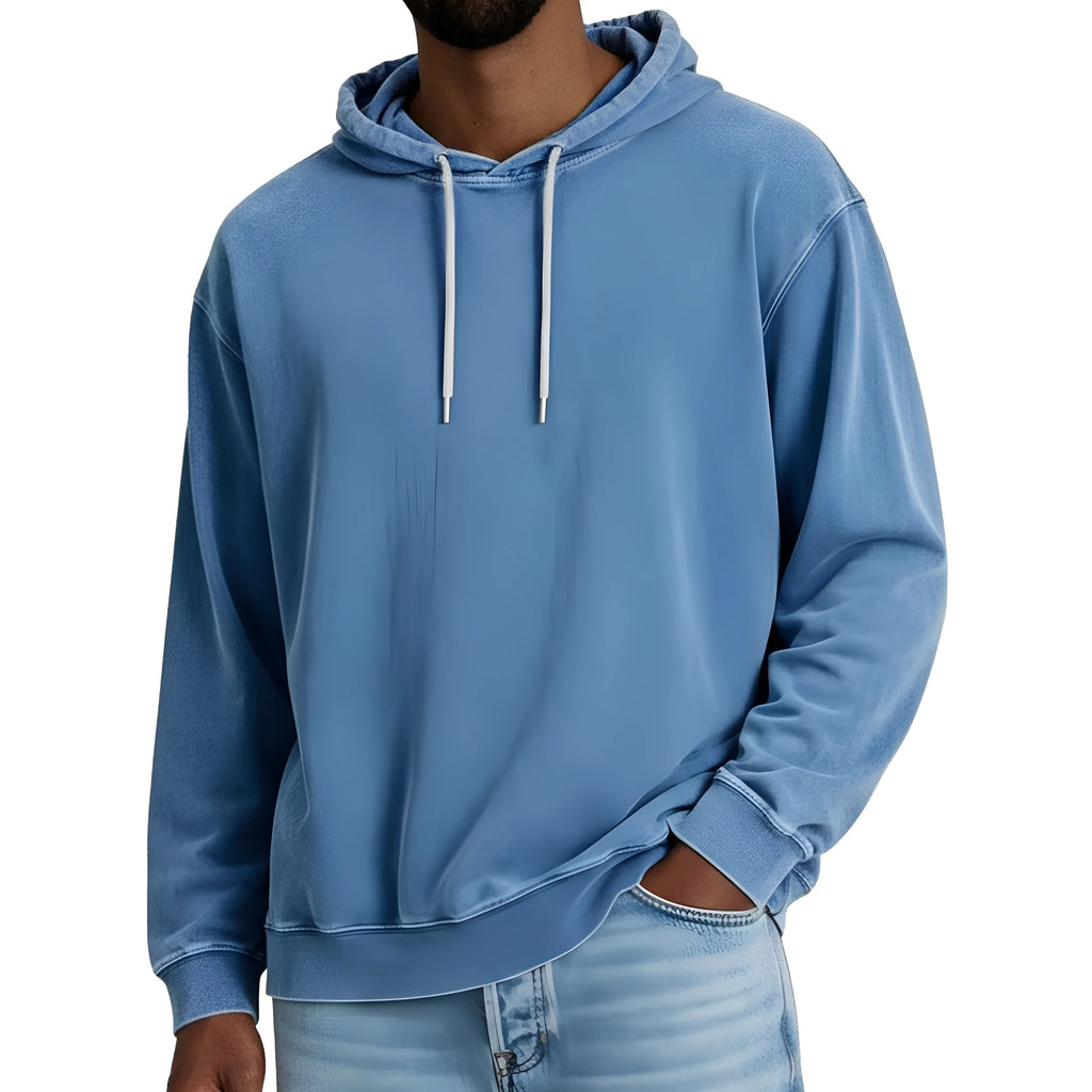 Men's loose fit solid colour hooded sweatshirt, long-sleeved polyester pullover, sizes S-5XL, seven colours
