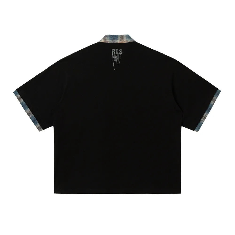 Men's loose blue cotton top with graffiti print on lapel and asymmetrical cut