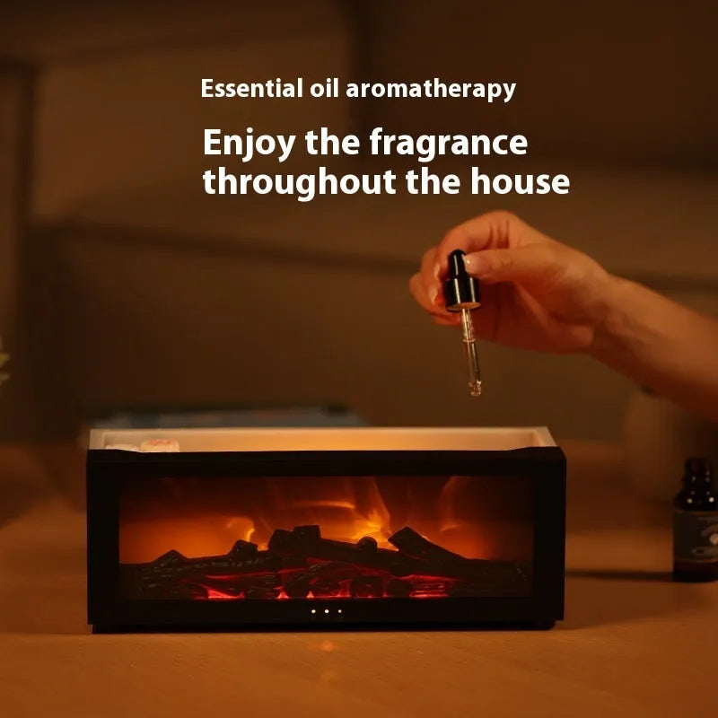 Square desktop flame effect essential oil diffuser with coloured mood lighting and remote control.