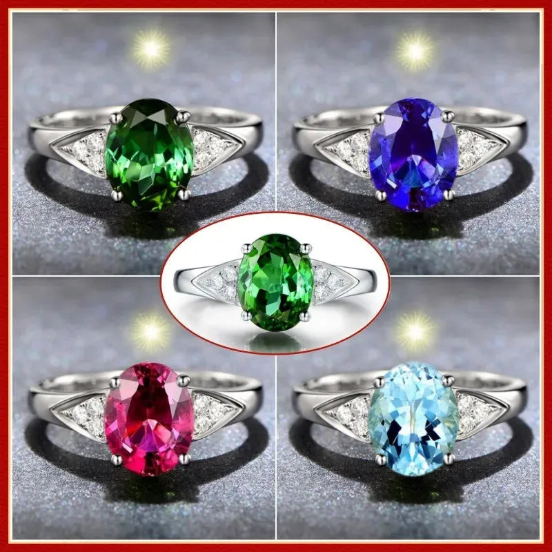 Women's court style zircon ring showing heart, water drop, and bell pattern options with red and blue stones.