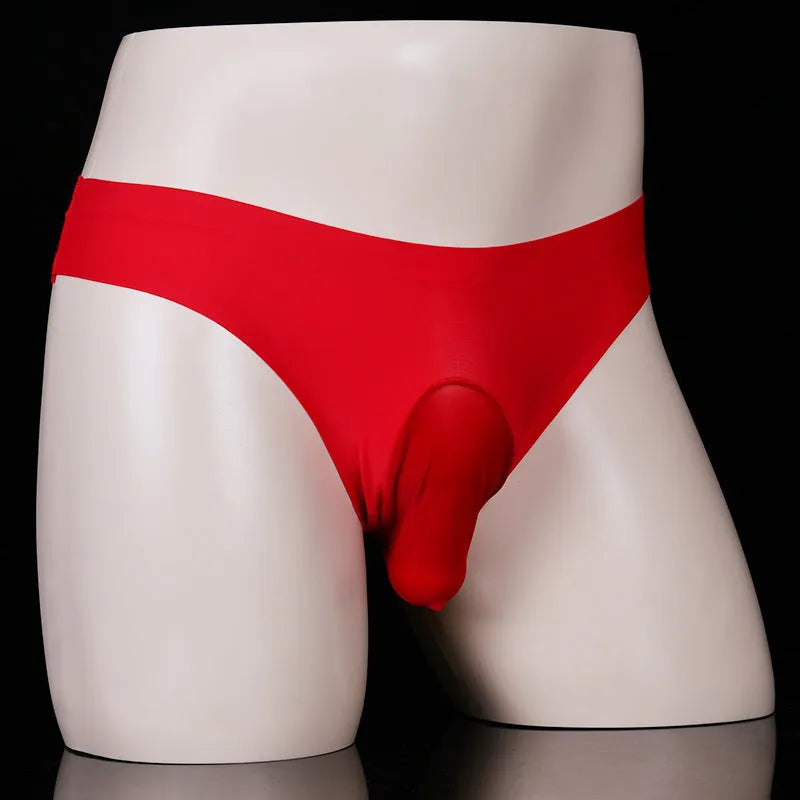 Men's ice silk underwear briefs in open gun egg and t-back designs with ultra-thin nylon fabric