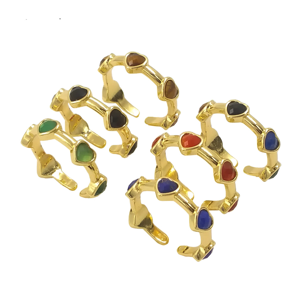 Colorful stone small love heart-shaped ring in copper with inlaid gemstone, black colour option, geometric design