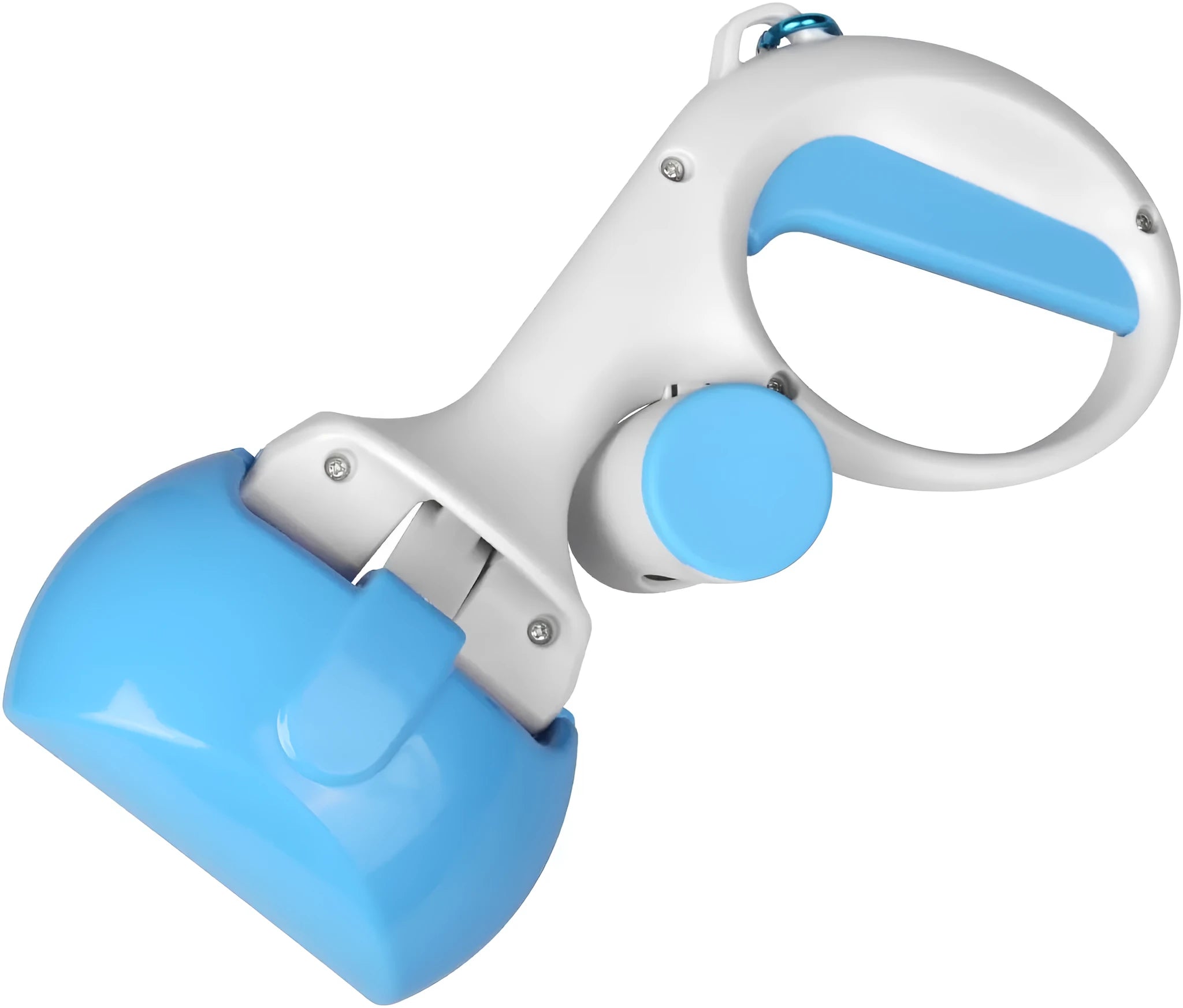 Blue pet pooper scooper with integrated trash bag holder and top carry hook.