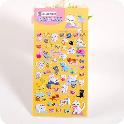 Cartoon three-dimensional bubble stickers sheet showing alpaca, forest animals, and dinosaur designs for hand account decoration