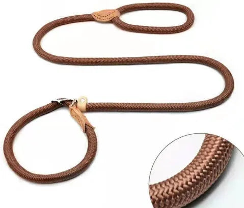 Brown nylon dog leash with a padded hand-holding rope and P chain clip, shown at full 2.1-metre length.