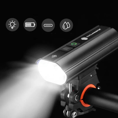Rechargeable bicycle light with 1800 lumens, black aluminium alloy body, and secure mounting bracket on handlebar