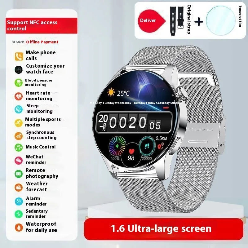 Sports bracelet smart watch with blood pressure monitor, touch screen, and steel strap