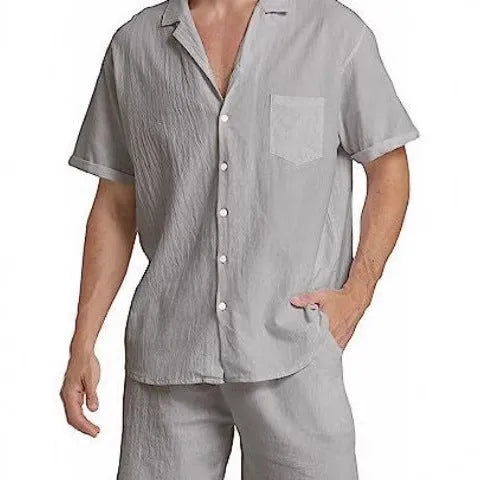 Men's flax fabric sports shorts suit with short-sleeved top and matching shorts