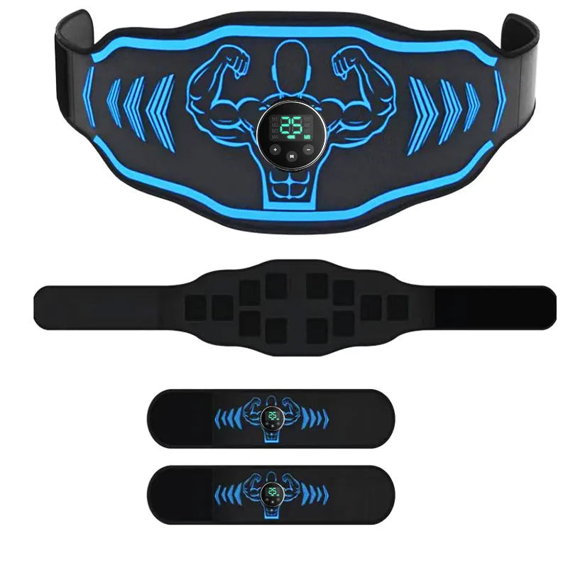 Blue and orange rechargeable EMS smart massage belt with timer and arm stickers.
