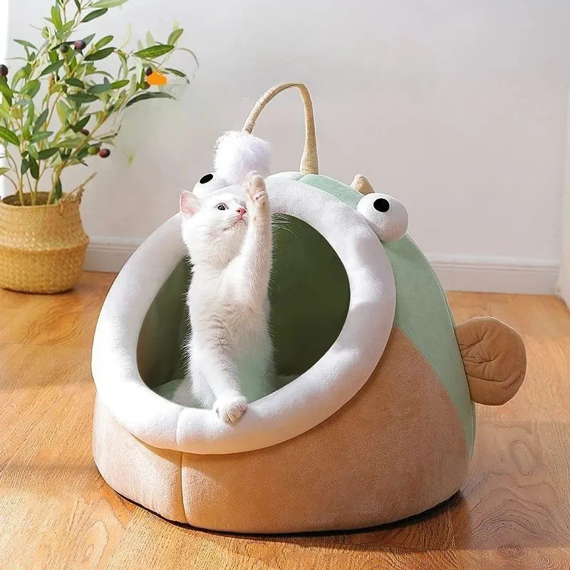 Grey semi-closed deerskin velvet cat bed with lantern fish design, shown in medium size.