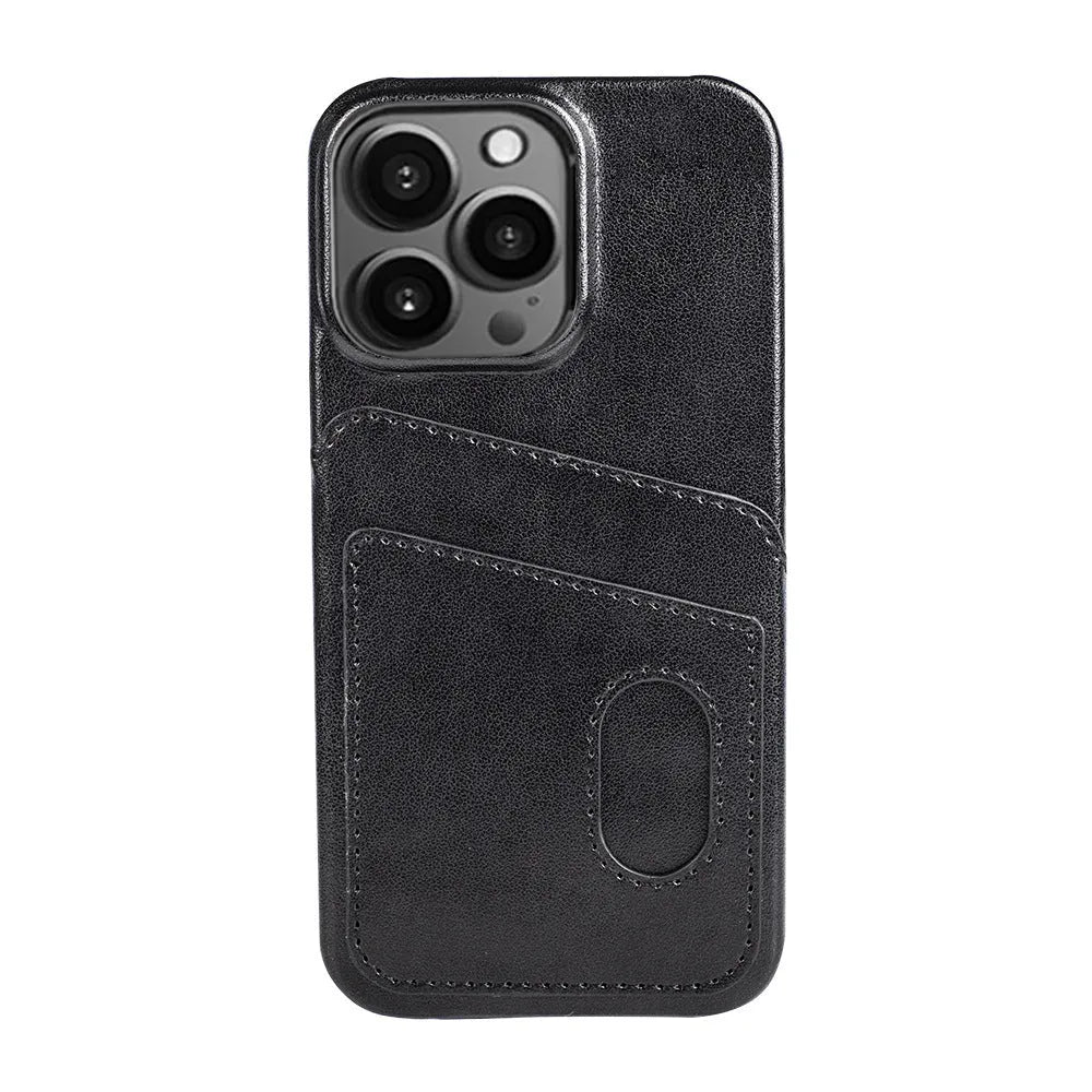PU leather flip wallet phone case in brown, open view showing card slots for iPhone 13