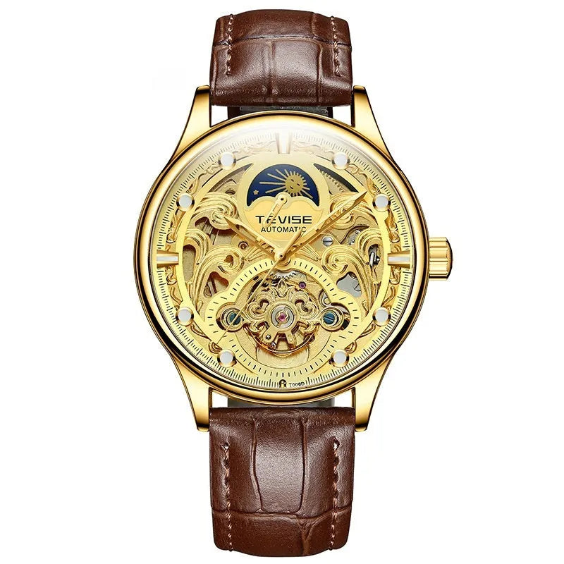 Men's gold leather strap automatic watch with waterproof 16mm case