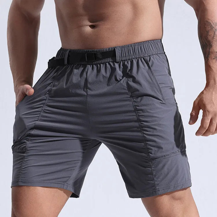 Men's athletic shorts with pockets and elastic waistband in grey, available in sizes M to XXXL