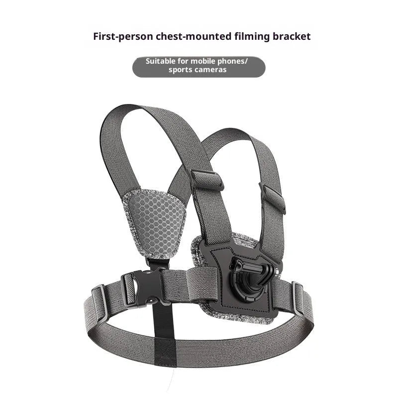 Chest mount kit with chest strap, adapter, phone clip, curved extension rod, and anti-shake rope for dual-camera action camera setup