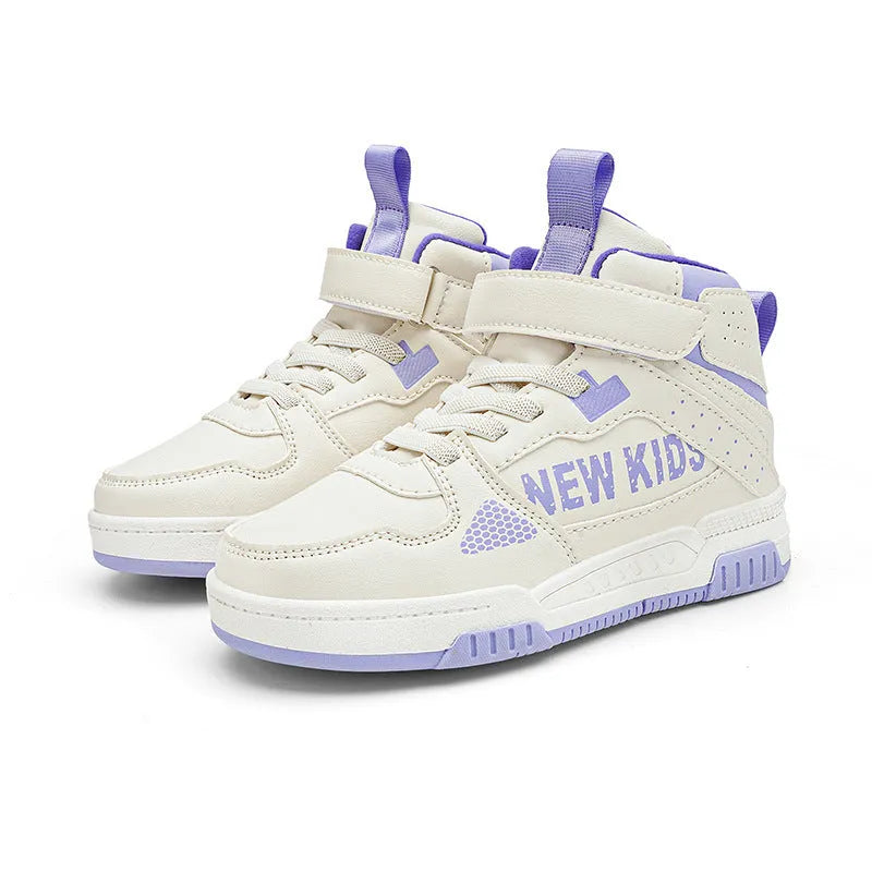 Children's street sneaker with buckle closure in beige green, showing PU upper and rubber sole.