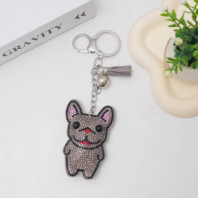 French dog cartoon animal rhinestone keychain with alloy construction measuring 5-7cm