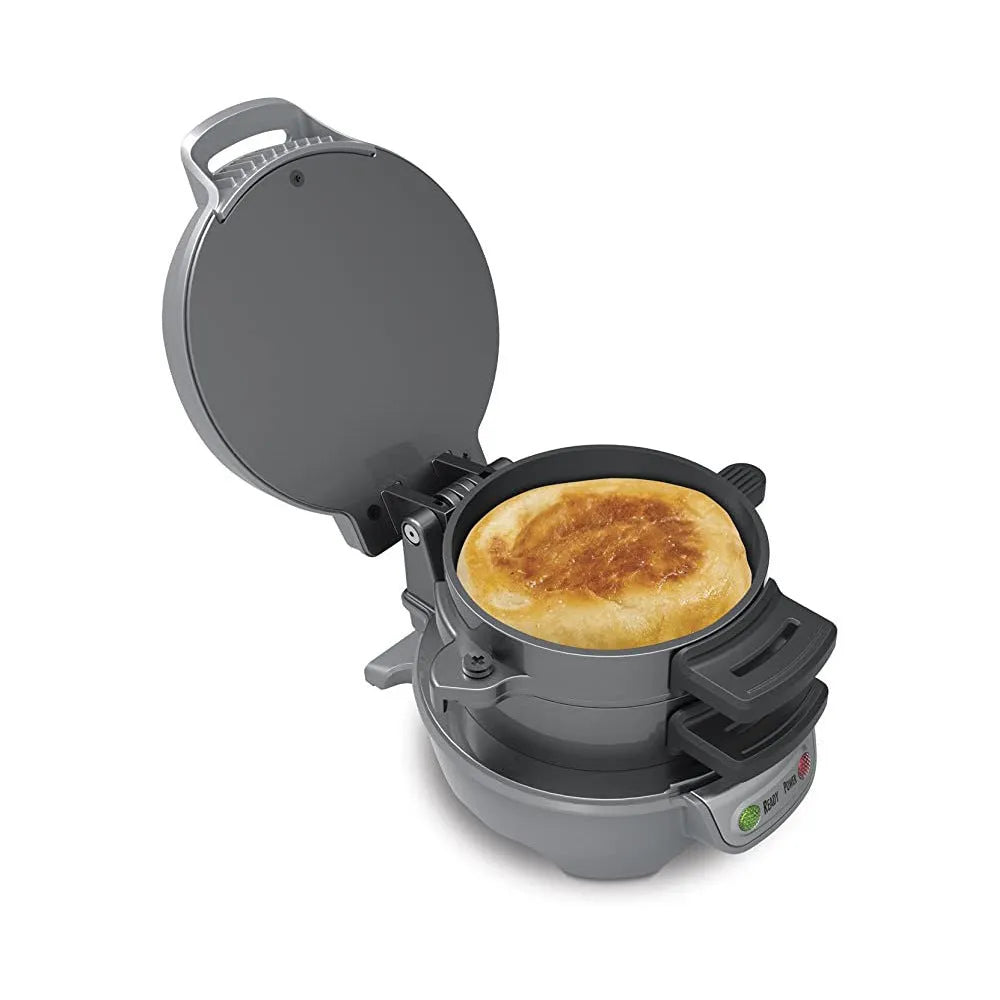Bright red household breakfast machine with sandwich maker, egg cooker ring, and waffle functions