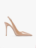 Women's nude soft PU leather ankle-strap high heels with hollow design detail