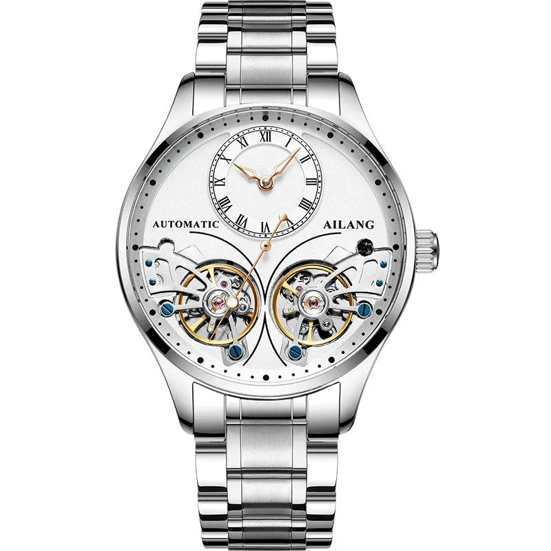 Automatic men's wristwatch with titanium case, round black dial showing tourbillon and moon phase.