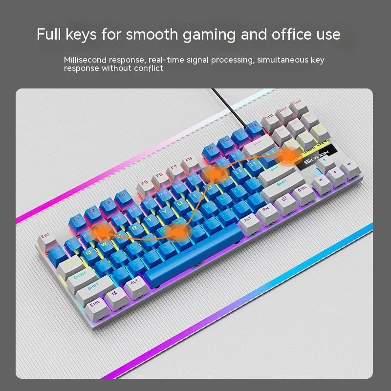 K87 mechanical wired keyboard with green or red axis switches, metal construction, and 1.4 metre cable in various colour options