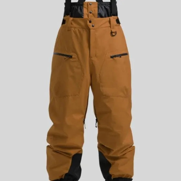 Men's black flame retardant linen ski pants with adjustable waist strap.