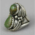 Women's geometric turquoise ring with inlaid design on alloy band, shown in size options 6-10