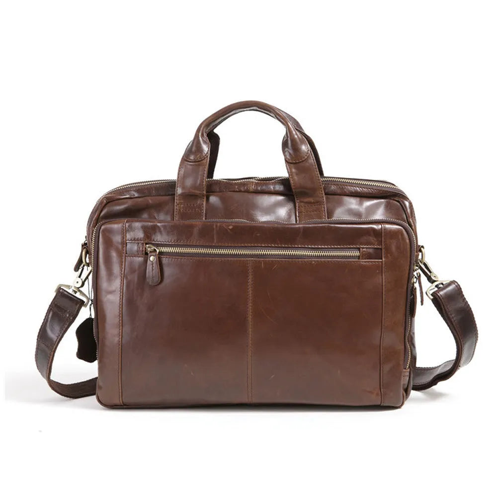 Brown men's business briefcase made from first layer cowhide leather with 18-inch capacity