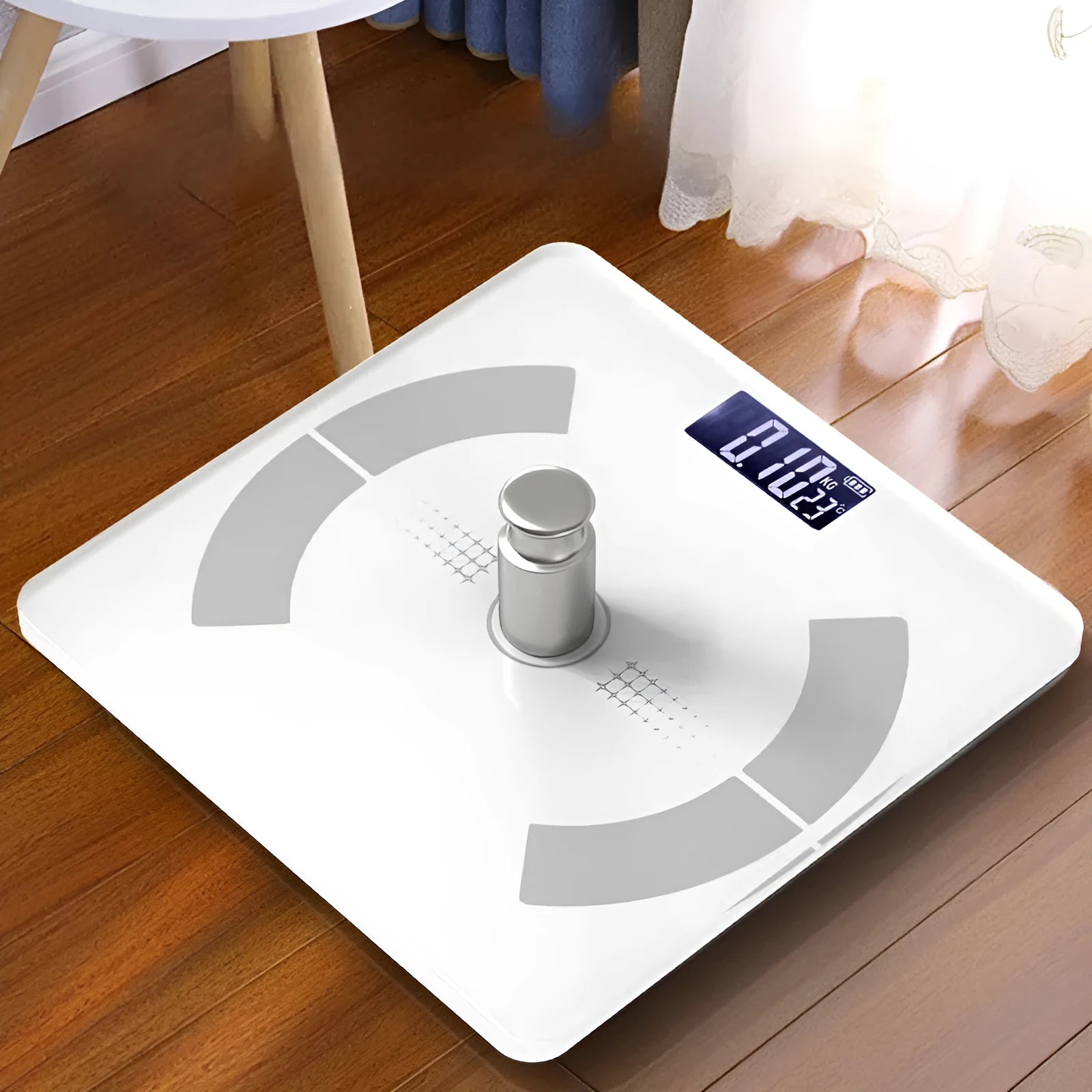 Smart Bluetooth rechargeable body fat scale in white, black, or pink on a bathroom floor.