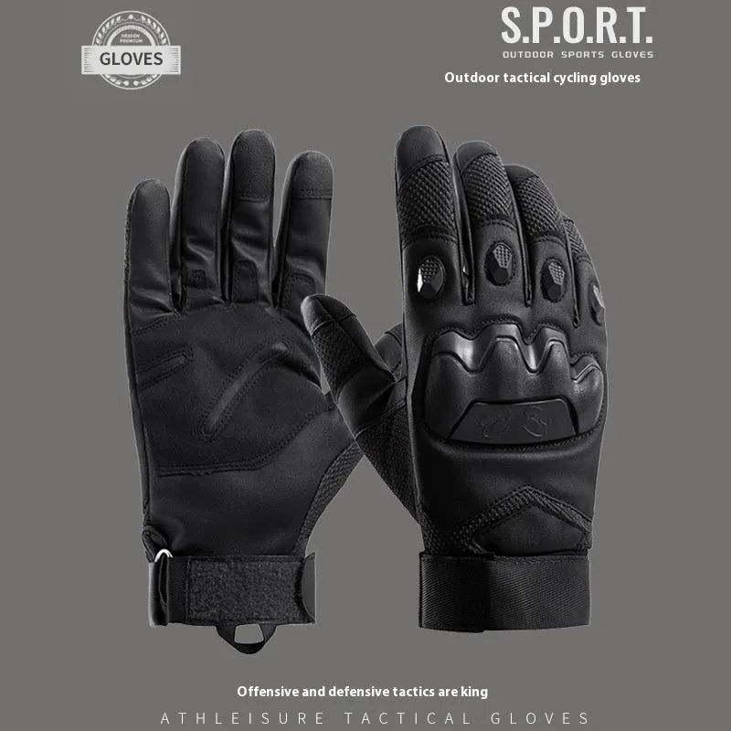 Men's black tactical training full finger gloves with touchscreen fingertips and knuckle protection