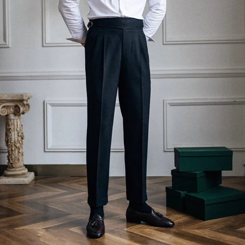 Men's high waist straight leg casual trousers in polyester fabric shown in black colour