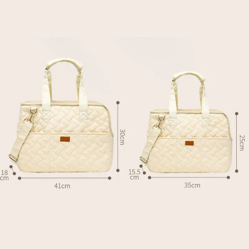 Grey handbag-style pet carrier for cats and small dogs with mesh panels and multiple pockets.