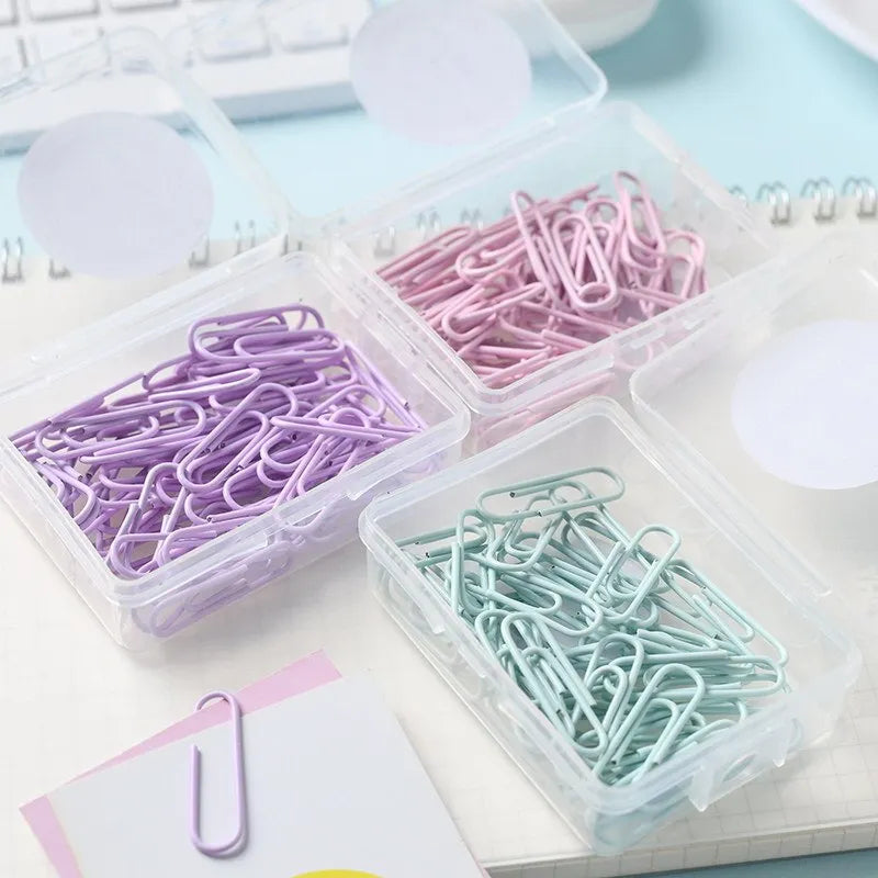 Macaron colour alloy paper clips in pink, purple, and green – 50mm and 28mm sizes in box