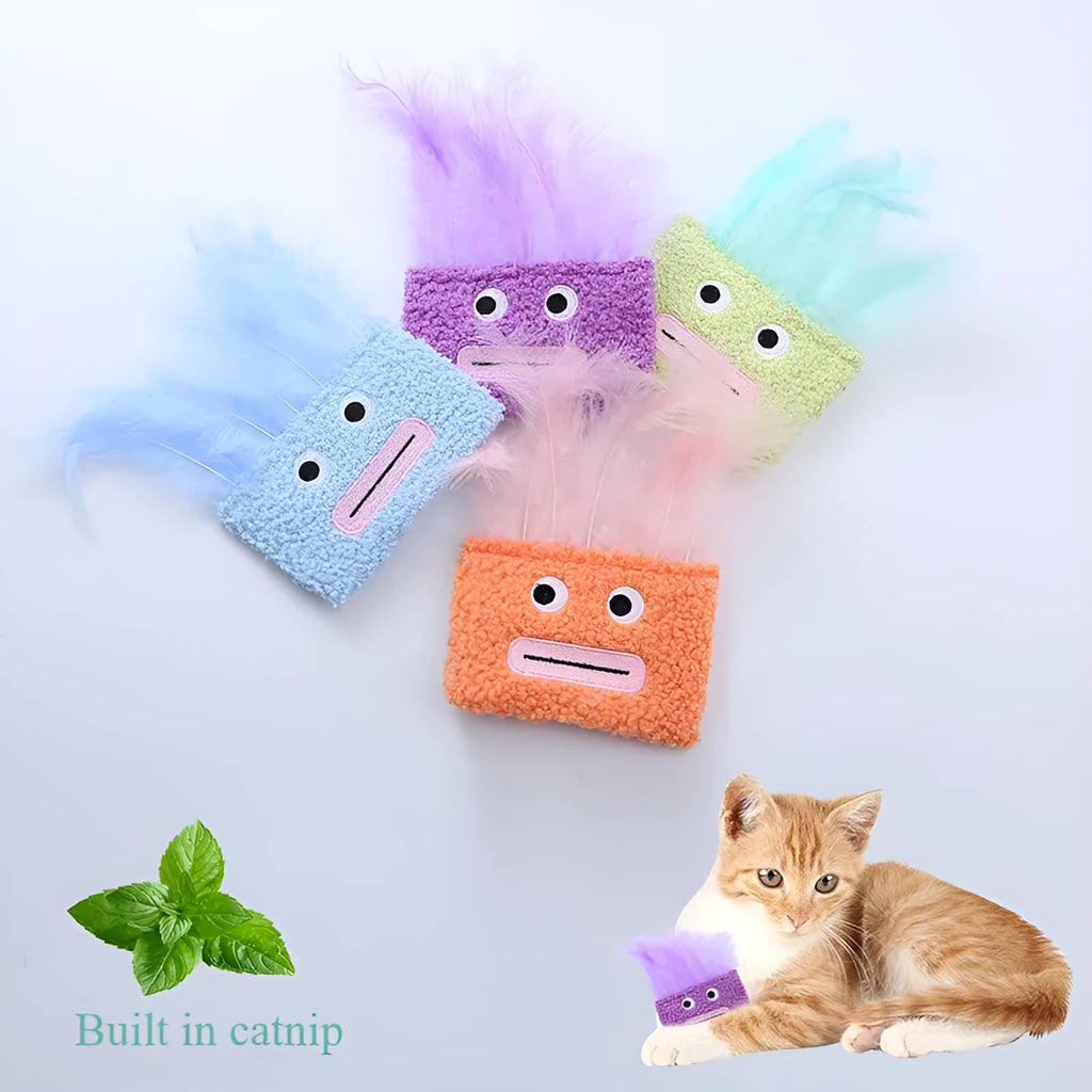 Colourful catnip plush toy with a funny big mouth explosion head shape on a blue background.