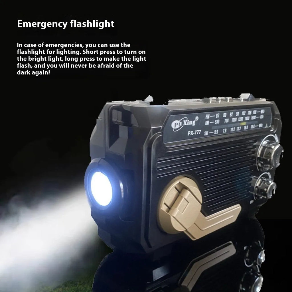 Hand portable radio with solar panel, aluminium alloy body, and Bluetooth speaker. 180x66x113mm size. Random colour.
