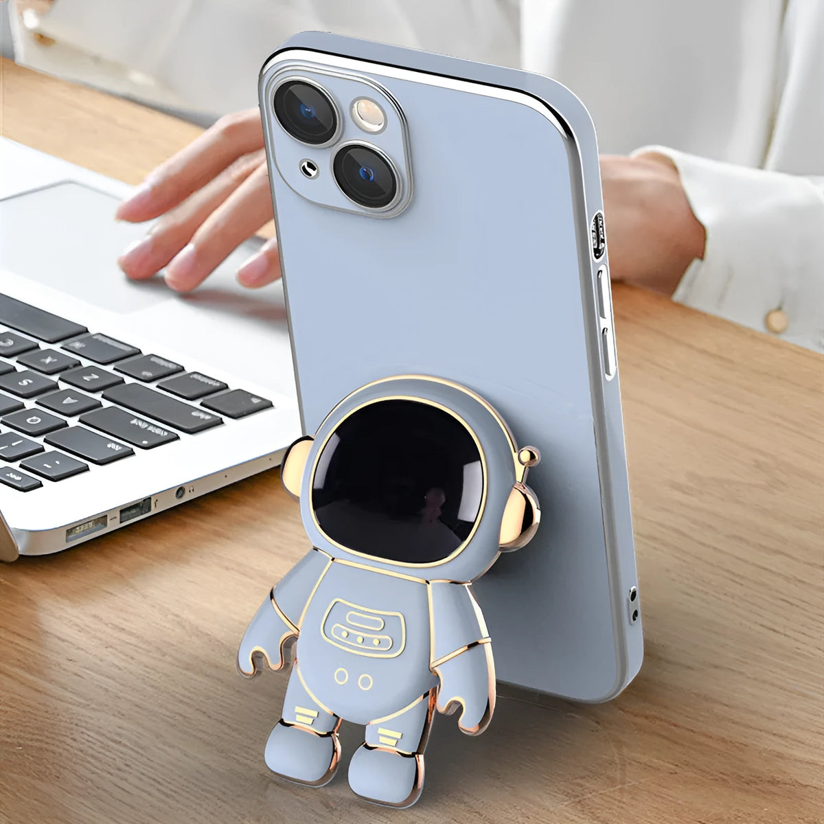 3D astronaut TPU phone case with electroplated finish for iPhone in light cyan