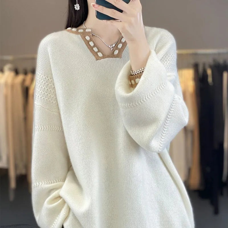 Women's white V-neck pullover sweater with long sleeves viscose fibre construction
