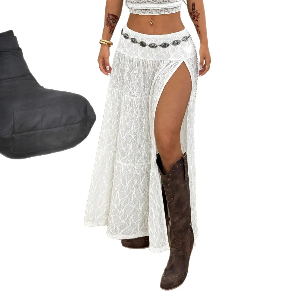 White women's A-line skirt with lace side seam and jacquard pattern cloth for beach vacation