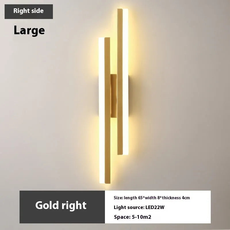 Modern minimalist Scandinavian LED wall light with acrylic shade in black or gold finish, shown in 48cm, 50cm, and 65cm sizes.