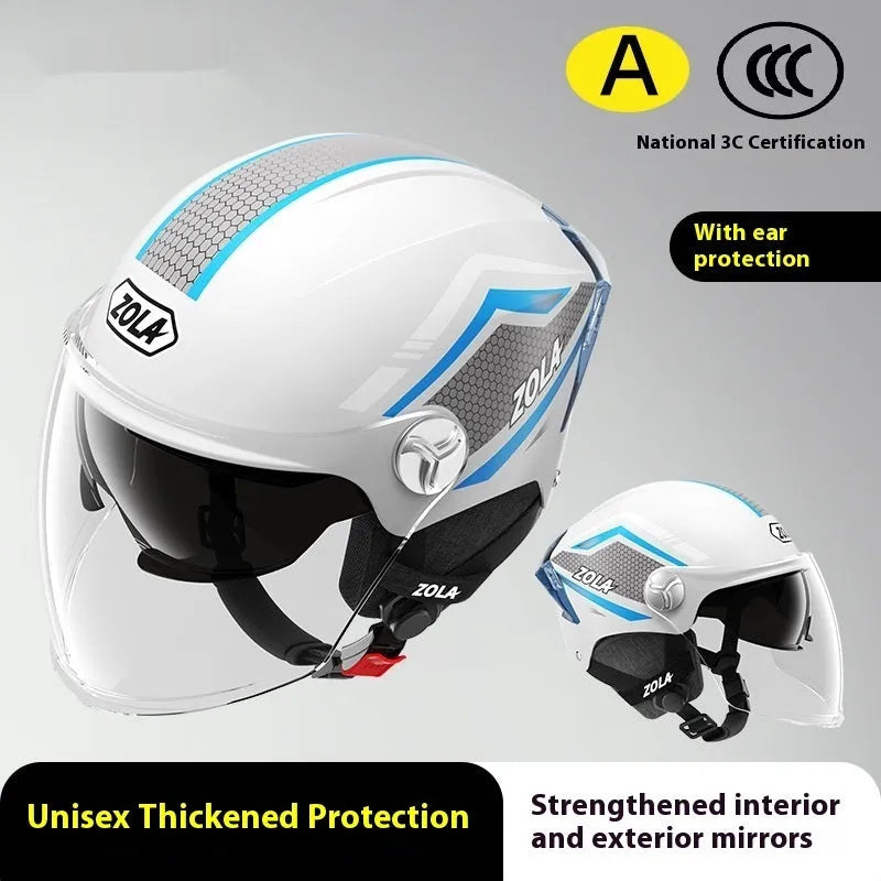 Children's 3C motorcycle half-helmet with a double visor shown in light brown colour.