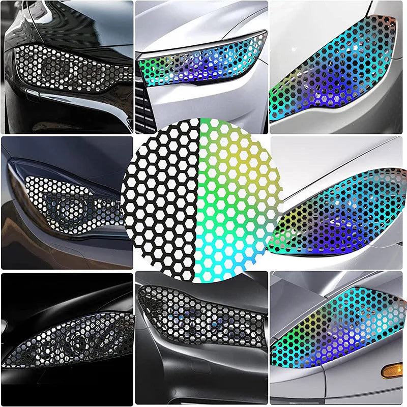 Honeycomb pattern car taillight sticker set showing carbon fibre, colourful and black finishes