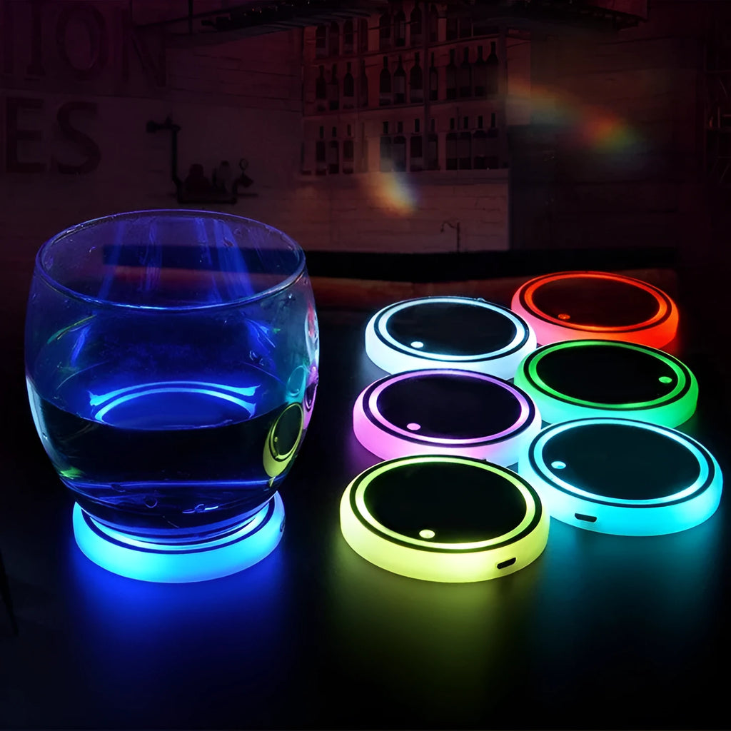 LED cup coaster with 7 colours USB rechargeable for car cup holder, 68mm acrylic