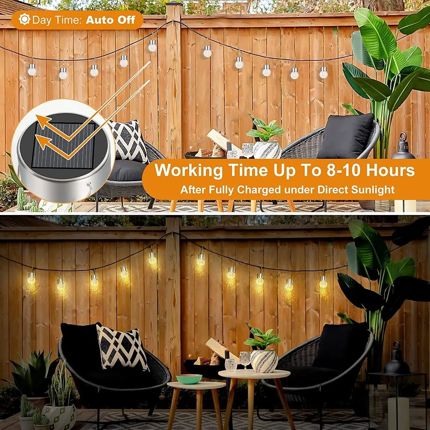 Outdoor solar glass ball chandelier with LED light in a garden setting, showing colourful lighting option