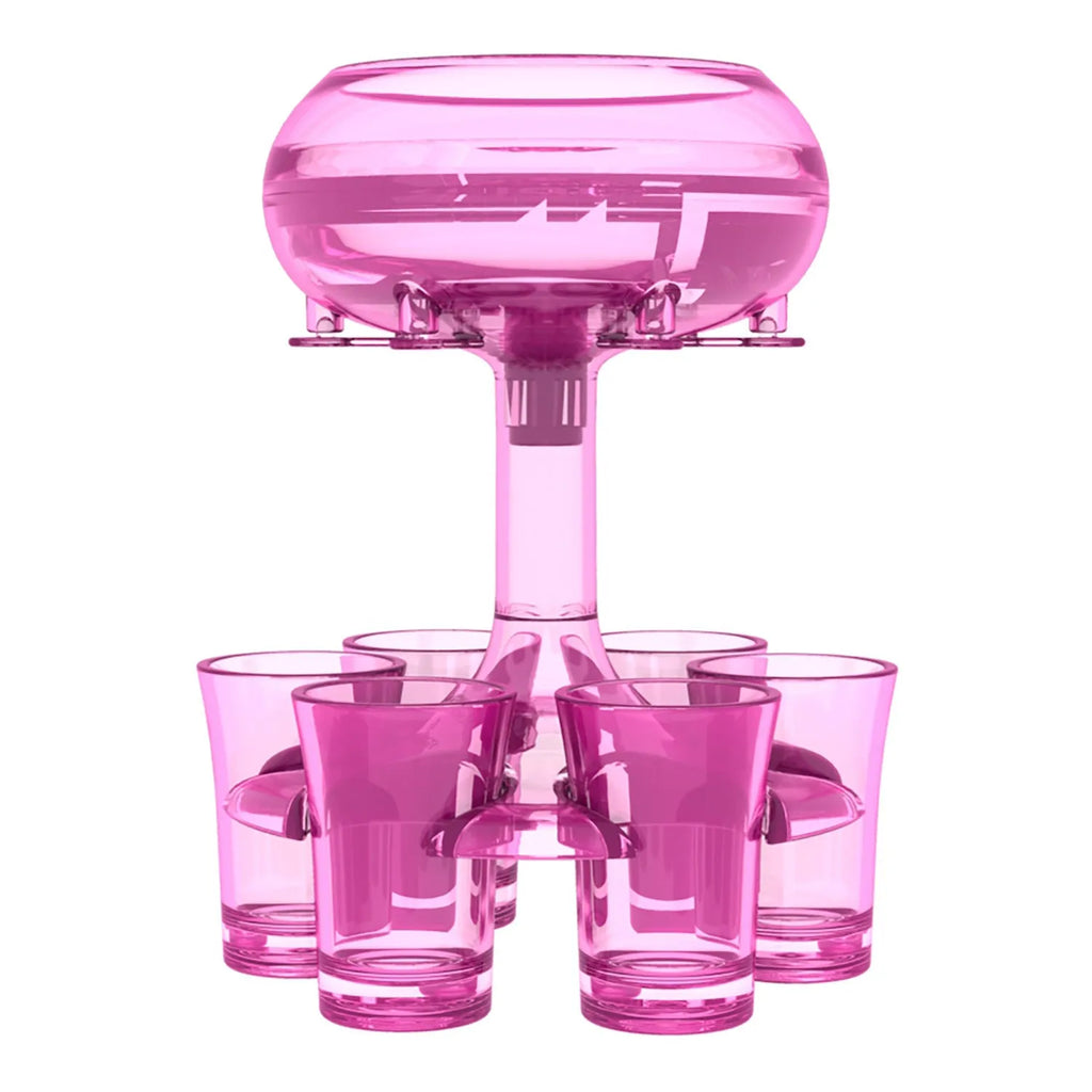Transparent PMMA six-shot glass dispenser holder with gold cups on a table