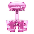 Transparent PMMA six-shot glass dispenser holder with gold cups on a table